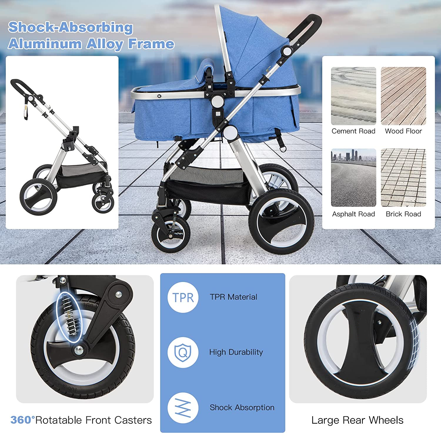 Baby Stroller, 2-in-1 Convertible Bassinet Reclining Stroller, Foldable Pram Carriage with 5-Point Harness, Including Cup Holder, Foot Cover, Diaper Bag, Aluminum Structure, Khaki