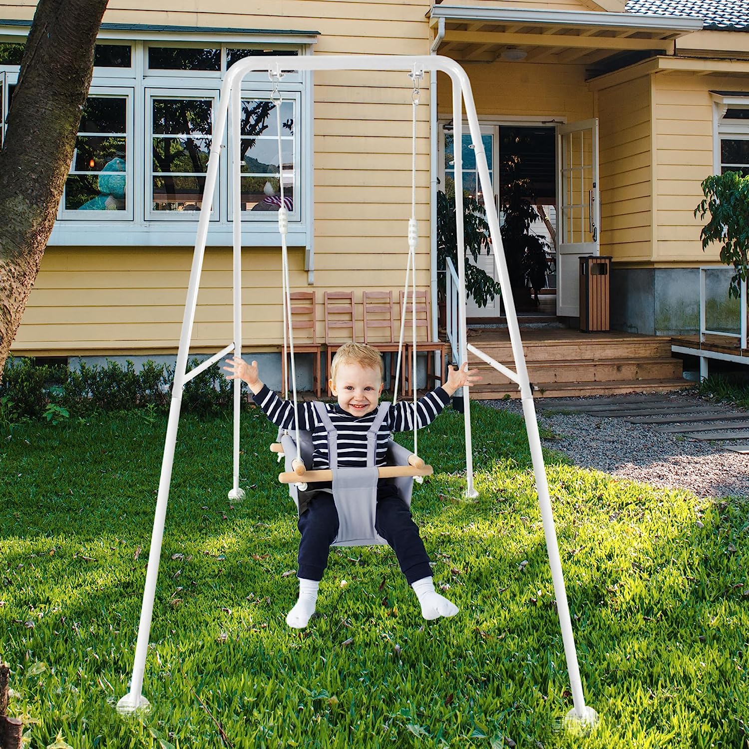 Canvas Baby Swing, Wooden Hanging Swing Seat Chair with Safety Belt, Durable Baby Hammock Chair, Outdoor and Indoor Swing for Kids, Mounting Hardware Included, Ivory