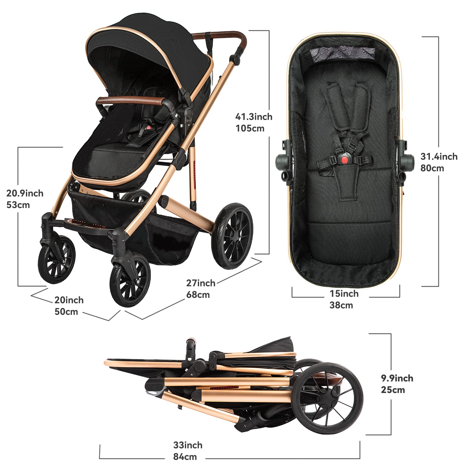 Baby Stroller - 2 in 1 High Landscape Convertible Stroller with Reversible Seat | Foldable Aluminum Alloy Pram Anti-Shock Toddler Pushchair Strollers for 0-36 Months Babies