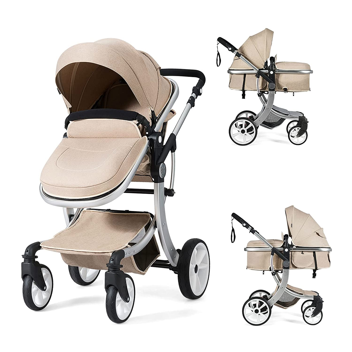 Baby Stroller, High Landscape Convertible Infant Bassinet Stroller, Adjustable Canopy & Backrest, Storage Basket, Foot Cover, Foldable Newborn Carriage Pram Stroller (Gray)