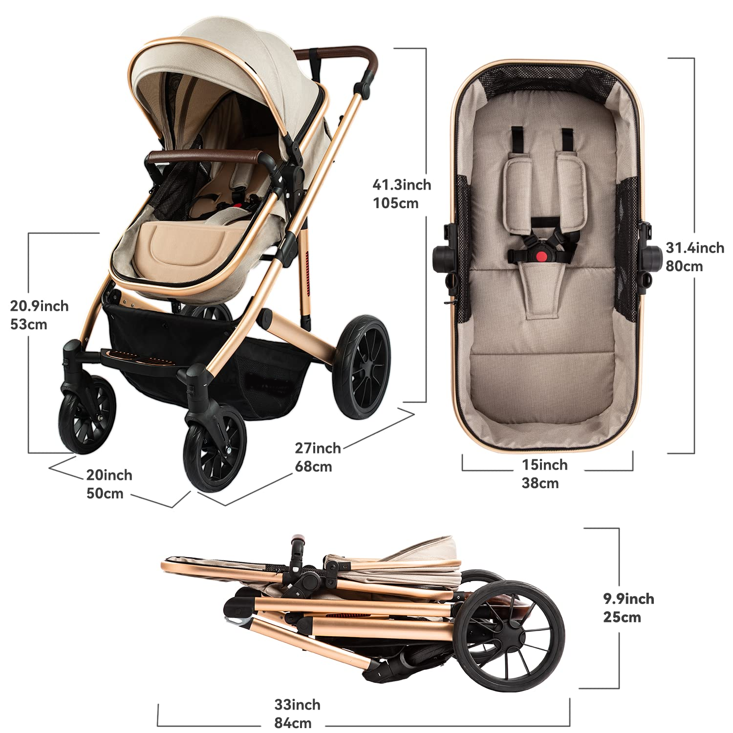 Baby Stroller - 2 in 1 High Landscape Convertible Stroller with Reversible Seat | Foldable Aluminum Alloy Pram Anti-Shock Toddler Pushchair Strollers for 0-36 Months Babies