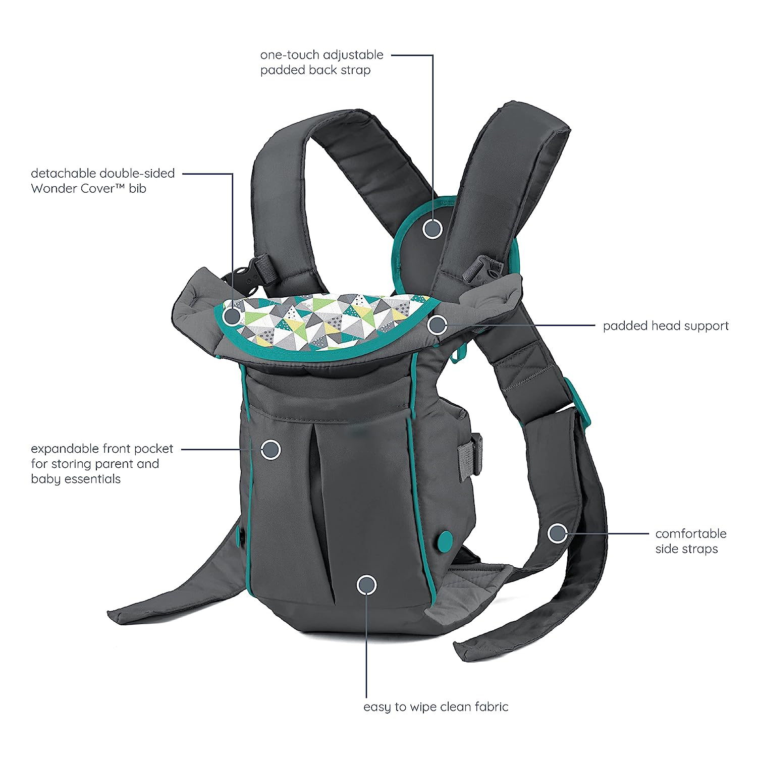 Classic Carrier with Pocket - 2 Ways to Carry Black Carrier with Wonder Bib & Essentials Storage Front Pocket, Adjustable Back Strap, 1-Piece