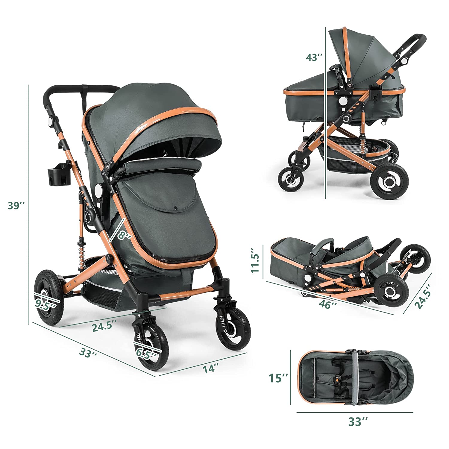 Baby Stroller, High Landscape Infant Stroller, Newborn Reversible Bassinet Pram, Foldable Pushchair with Foot Cover, Cup Holder, Net, Safety Wrist Strap (Celadon)