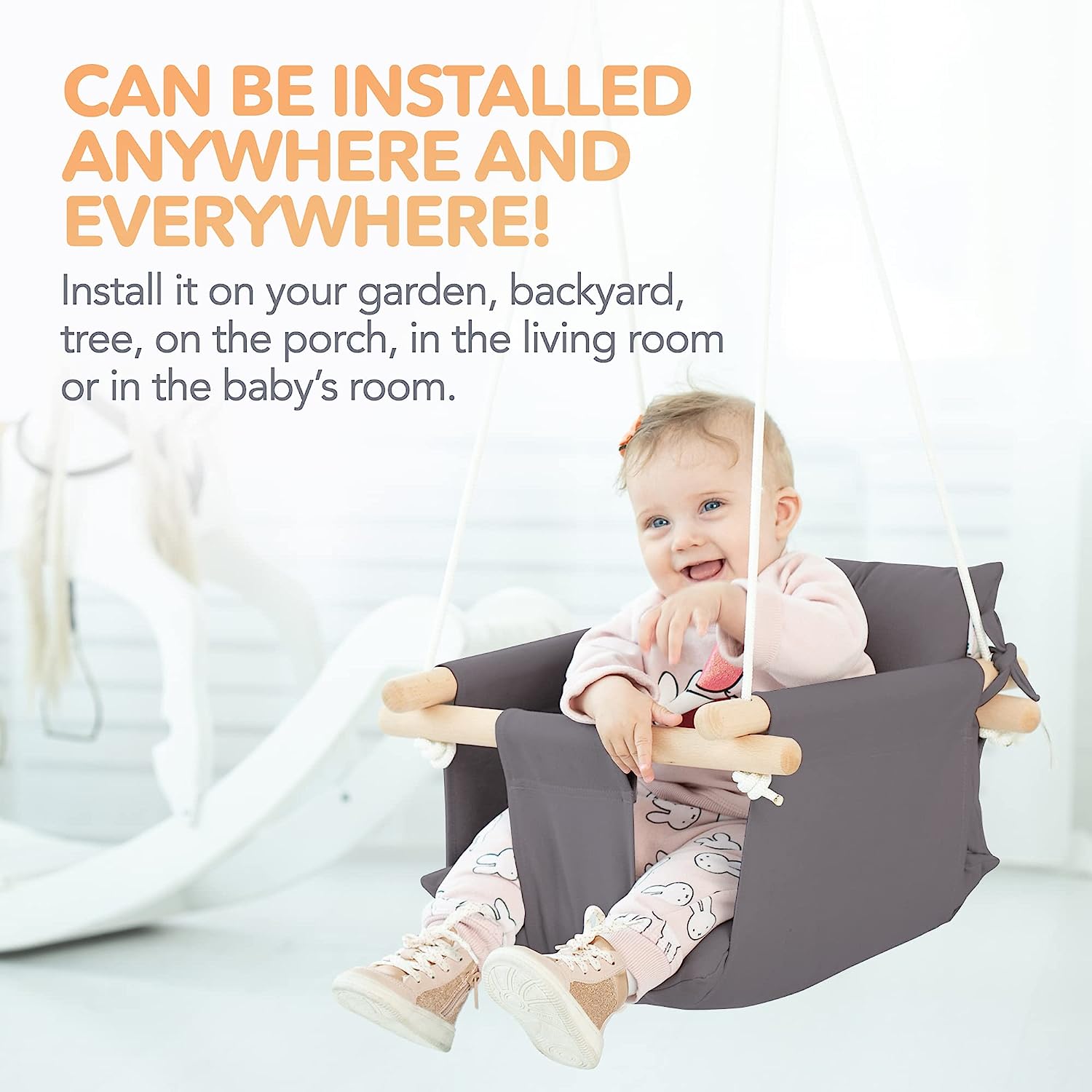 Canvas Baby Swing, Wooden Hanging Swing Seat Chair with Safety Belt, Durable Baby Hammock Chair, Outdoor and Indoor Swing for Kids, Mounting Hardware Included, Ivory