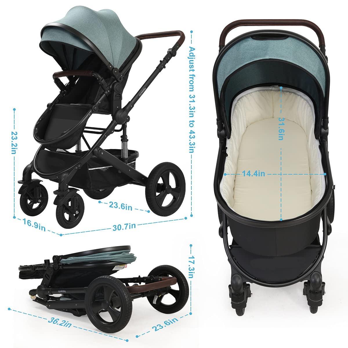 Newborn Infant Toddler Baby Stroller - Cynebaby 2 in 1 High Landscape Convertible Reversible Anti-Shock Bassinet Carriage Pram Stroller Add Cup Holder, Footmuff and Diaper Bag (Green)