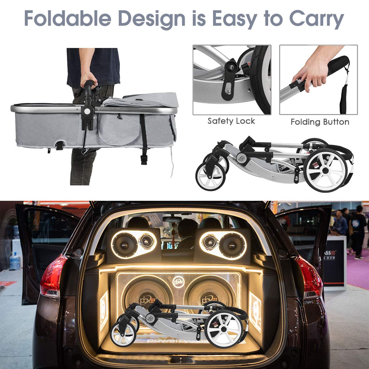Baby Stroller, High Landscape Convertible Infant Bassinet Stroller, Adjustable Canopy & Backrest, Storage Basket, Foot Cover, Foldable Newborn Carriage Pram Stroller (Gray)