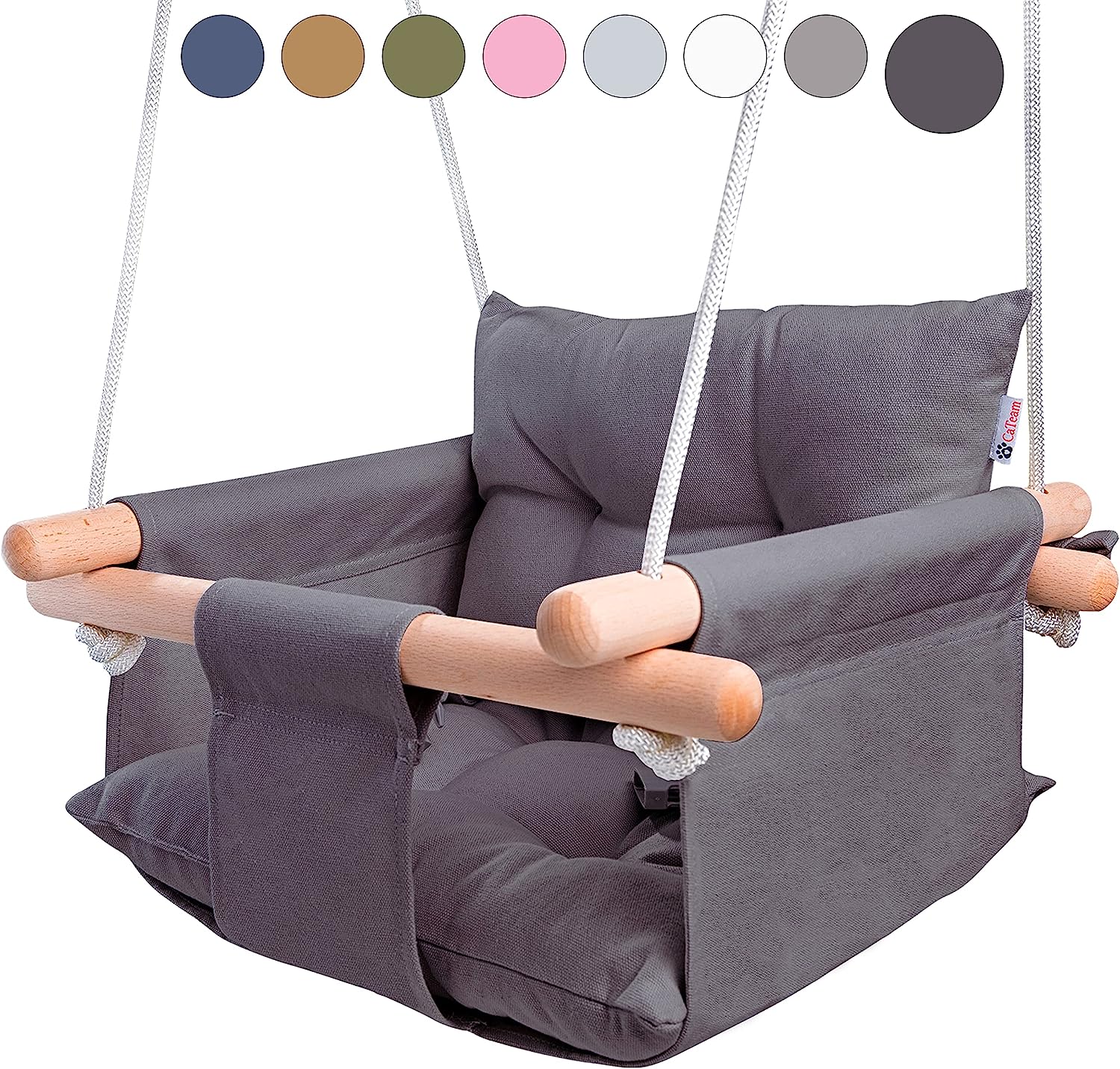 Canvas Baby Swing, Wooden Hanging Swing Seat Chair with Safety Belt, Durable Baby Hammock Chair, Outdoor and Indoor Swing for Kids, Mounting Hardware Included, Ivory