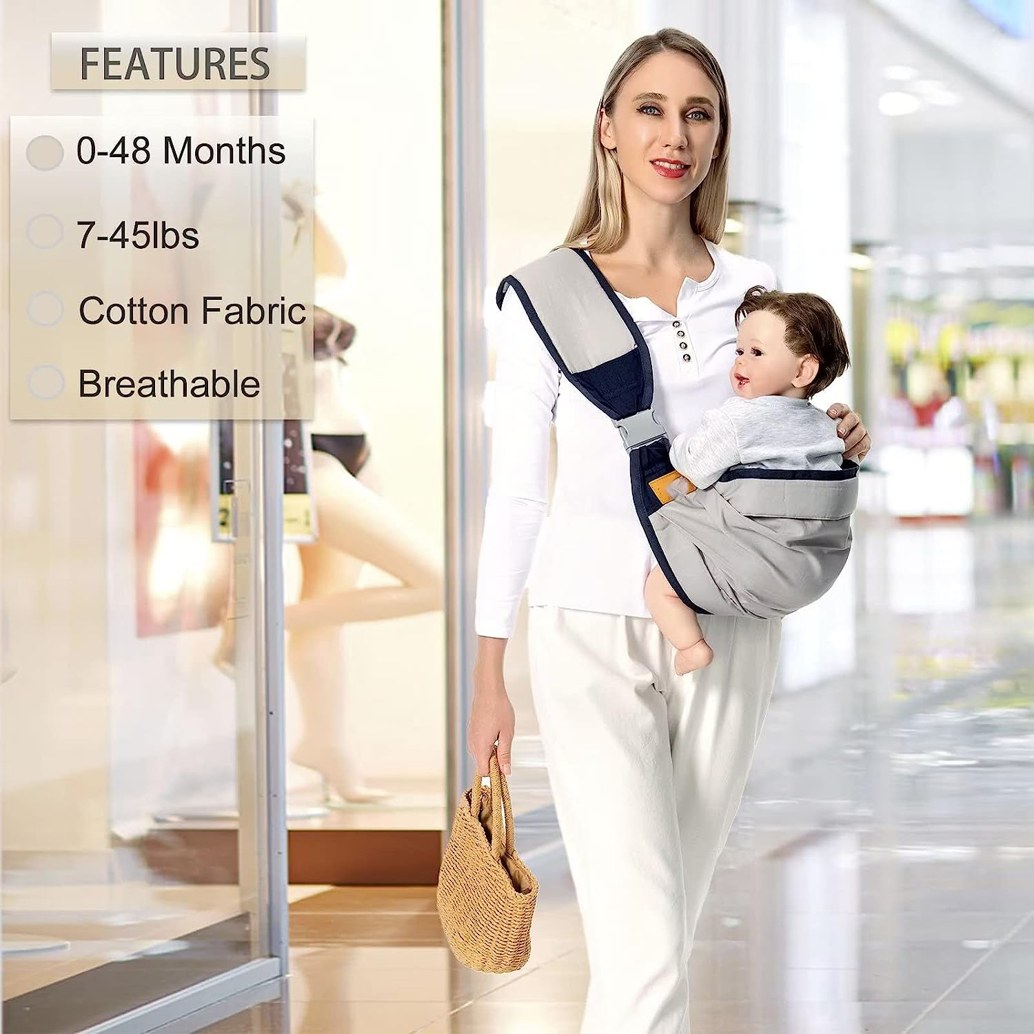 Baby Sling Carrier Newborn to Toddler, Lightweight Baby Carrier Sling, Baby Wrap Sling, Baby Hip Seat Carrier for Toddler Sling, Baby Holder Carrier, Nursing Sling, Carrying 7-45 lbs, Grey