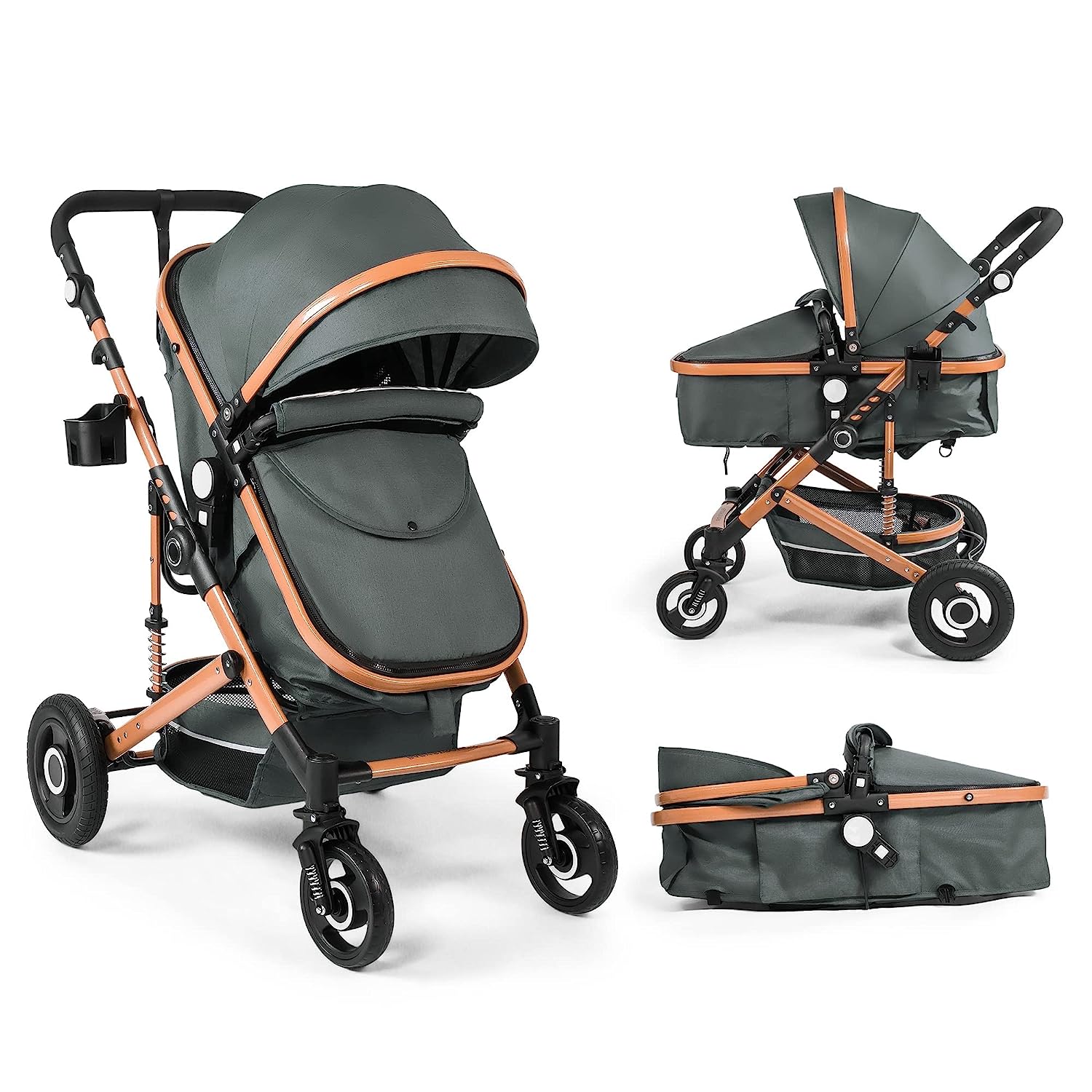 Baby Stroller, High Landscape Infant Stroller, Newborn Reversible Bassinet Pram, Foldable Pushchair with Foot Cover, Cup Holder, Net, Safety Wrist Strap (Celadon)