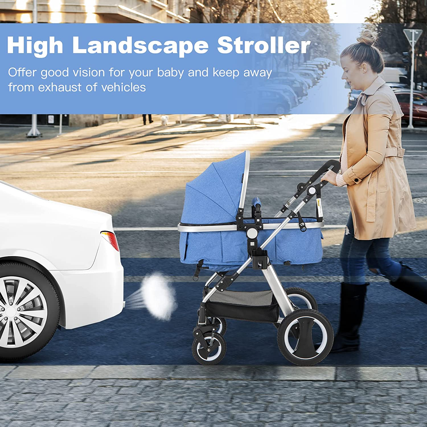 Baby Stroller, 2-in-1 Convertible Bassinet Reclining Stroller, Foldable Pram Carriage with 5-Point Harness, Including Cup Holder, Foot Cover, Diaper Bag, Aluminum Structure, Khaki