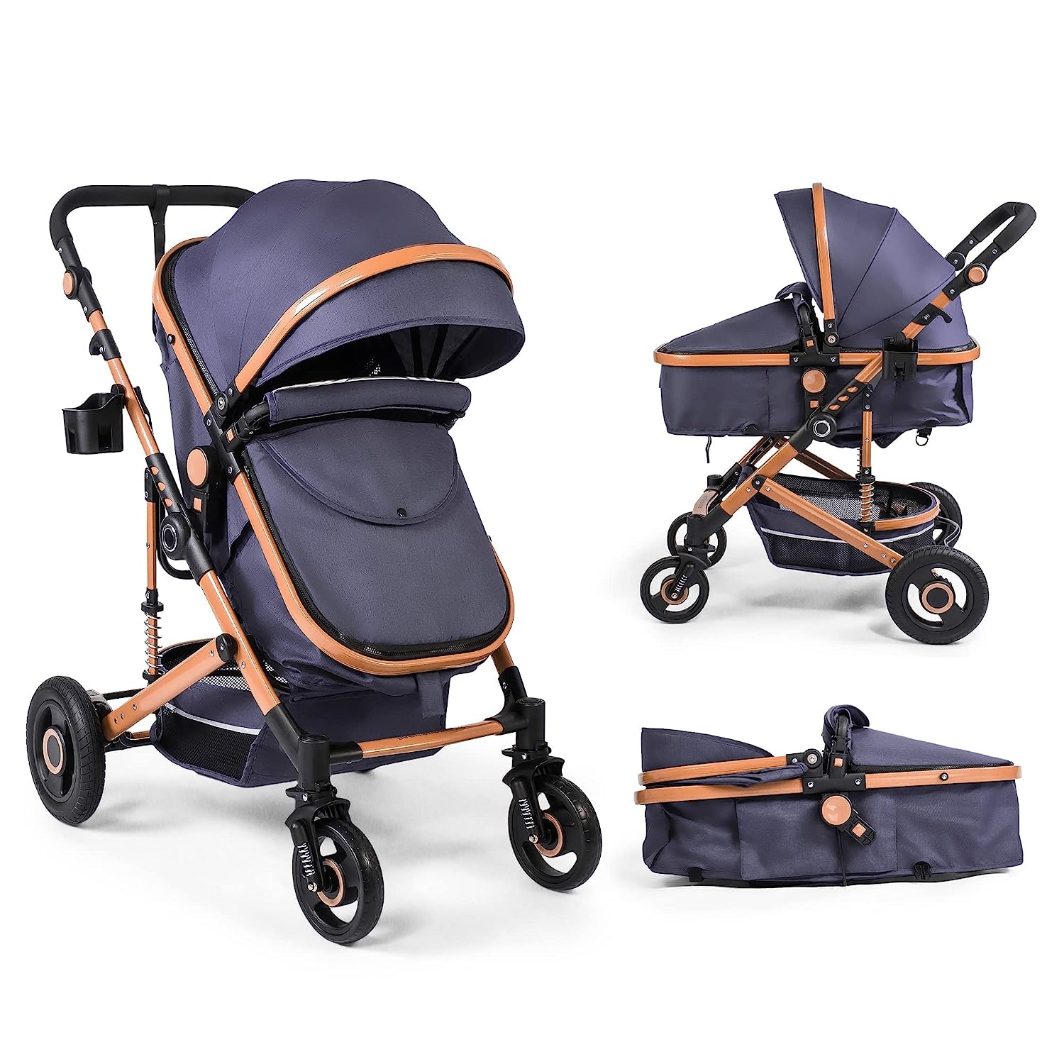 Baby Stroller, High Landscape Infant Stroller, Newborn Reversible Bassinet Pram, Foldable Pushchair with Foot Cover, Cup Holder, Net, Safety Wrist Strap (Celadon)