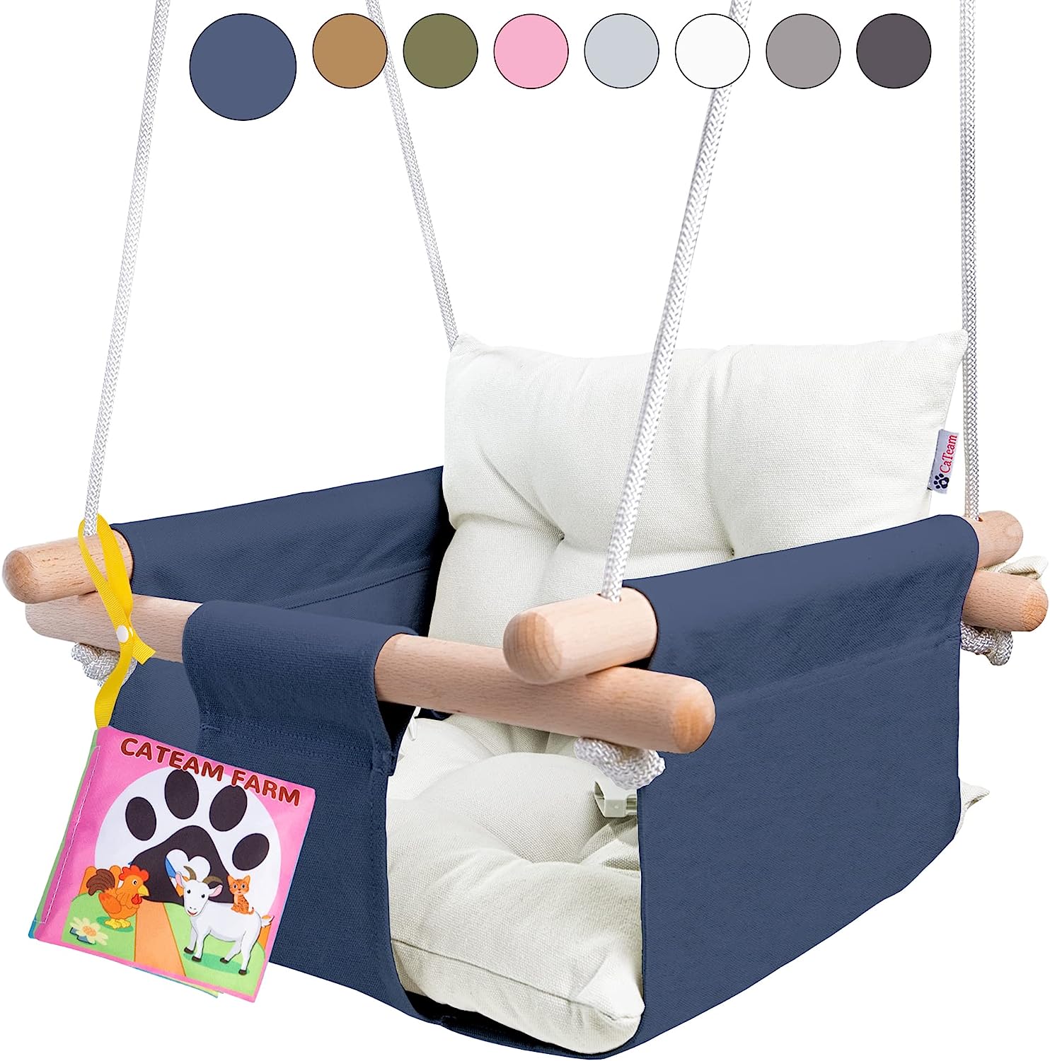 Canvas Baby Swing, Wooden Hanging Swing Seat Chair with Safety Belt, Durable Baby Hammock Chair, Outdoor and Indoor Swing for Kids, Mounting Hardware Included, Ivory