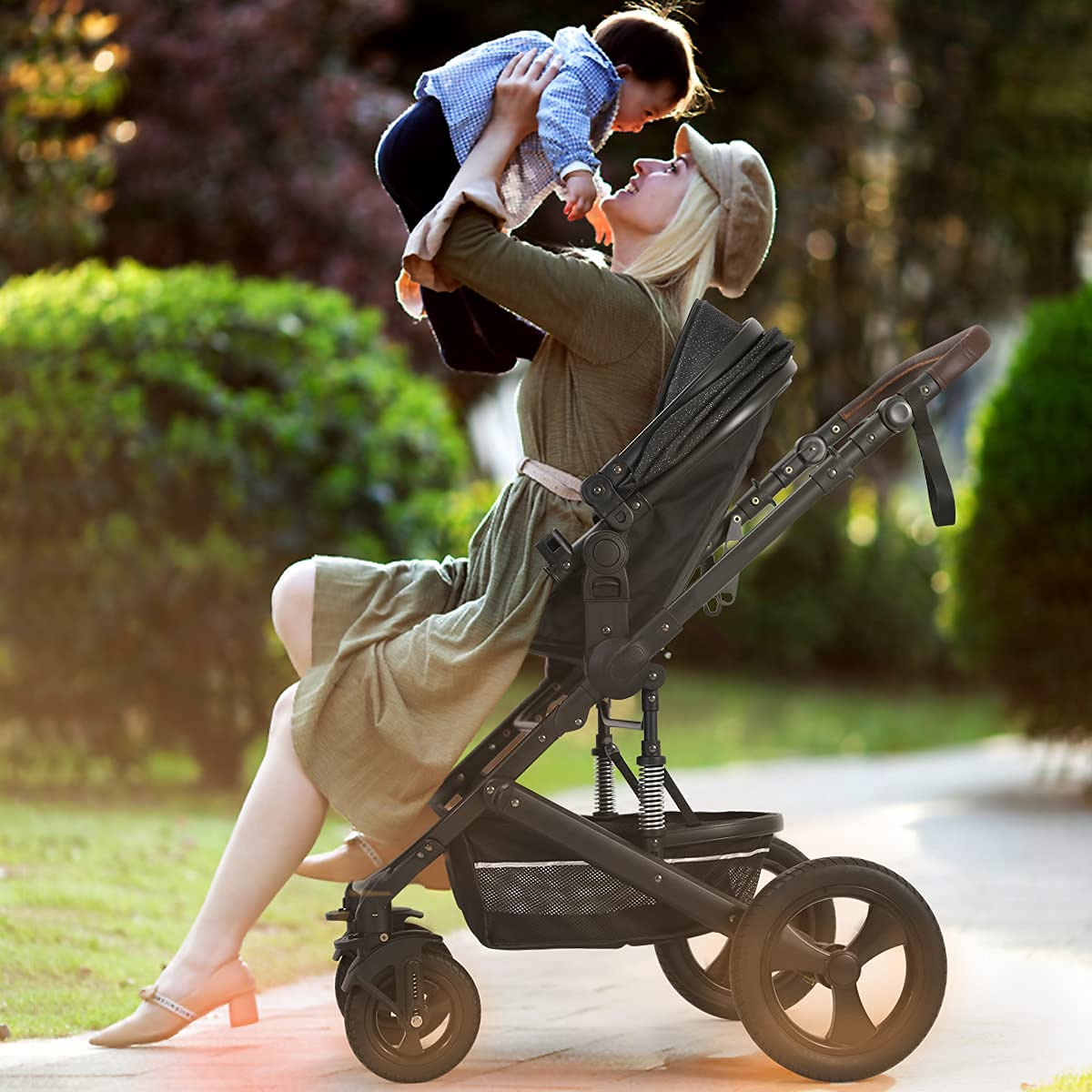 Newborn Infant Toddler Baby Stroller - Cynebaby 2 in 1 High Landscape Convertible Reversible Anti-Shock Bassinet Carriage Pram Stroller Add Cup Holder, Footmuff and Diaper Bag (Green)