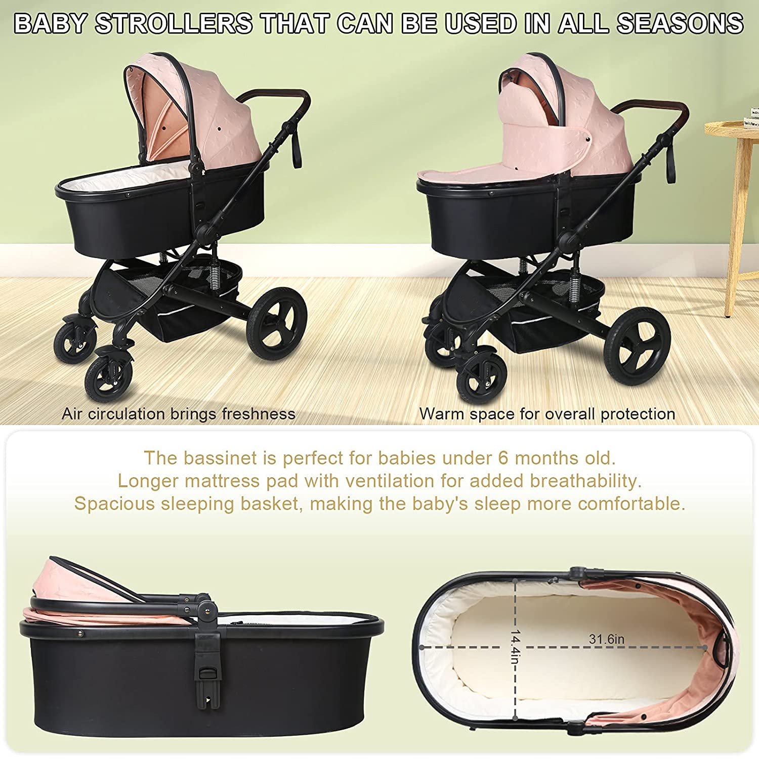 Newborn Infant Toddler Baby Stroller - Strollers with Backrest Adjustable Reversible, 2 in 1 High Landscape Convertible Bassinet Foldable Aluminum Alloy 3D Shock Absorption All Terrain Pram