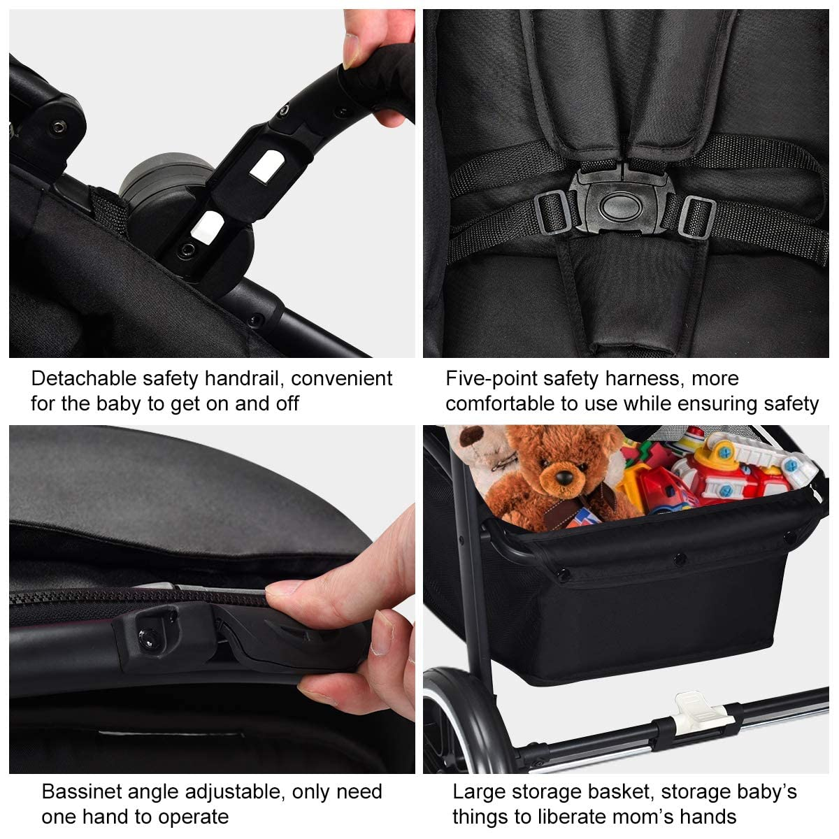 Baby Stroller, High Landscape Infant Stroller and Reversible Bassinet Pram, Foldable Pushchair with Adjustable Canopy, Cup Holder, Storage Basket, Suspension Wheels (Black)