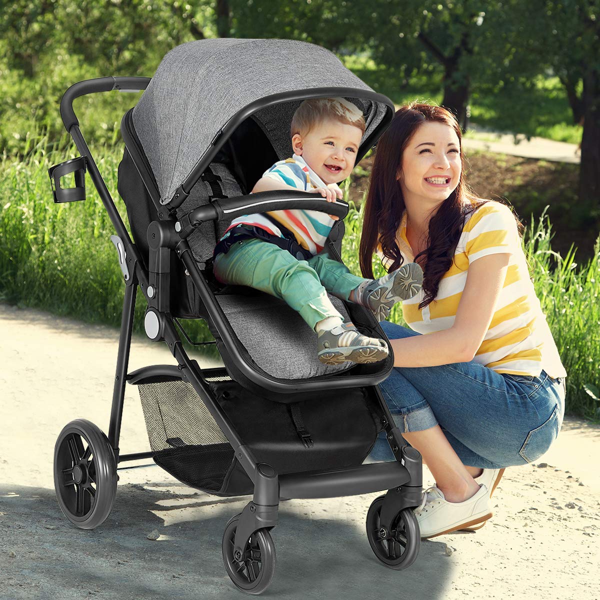 Baby Stroller, High Landscape Convertible Infant Bassinet Stroller, Adjustable Canopy & Backrest, Storage Basket, Cup Holder, Foldable Newborn Carriage Pram Stroller Pink)