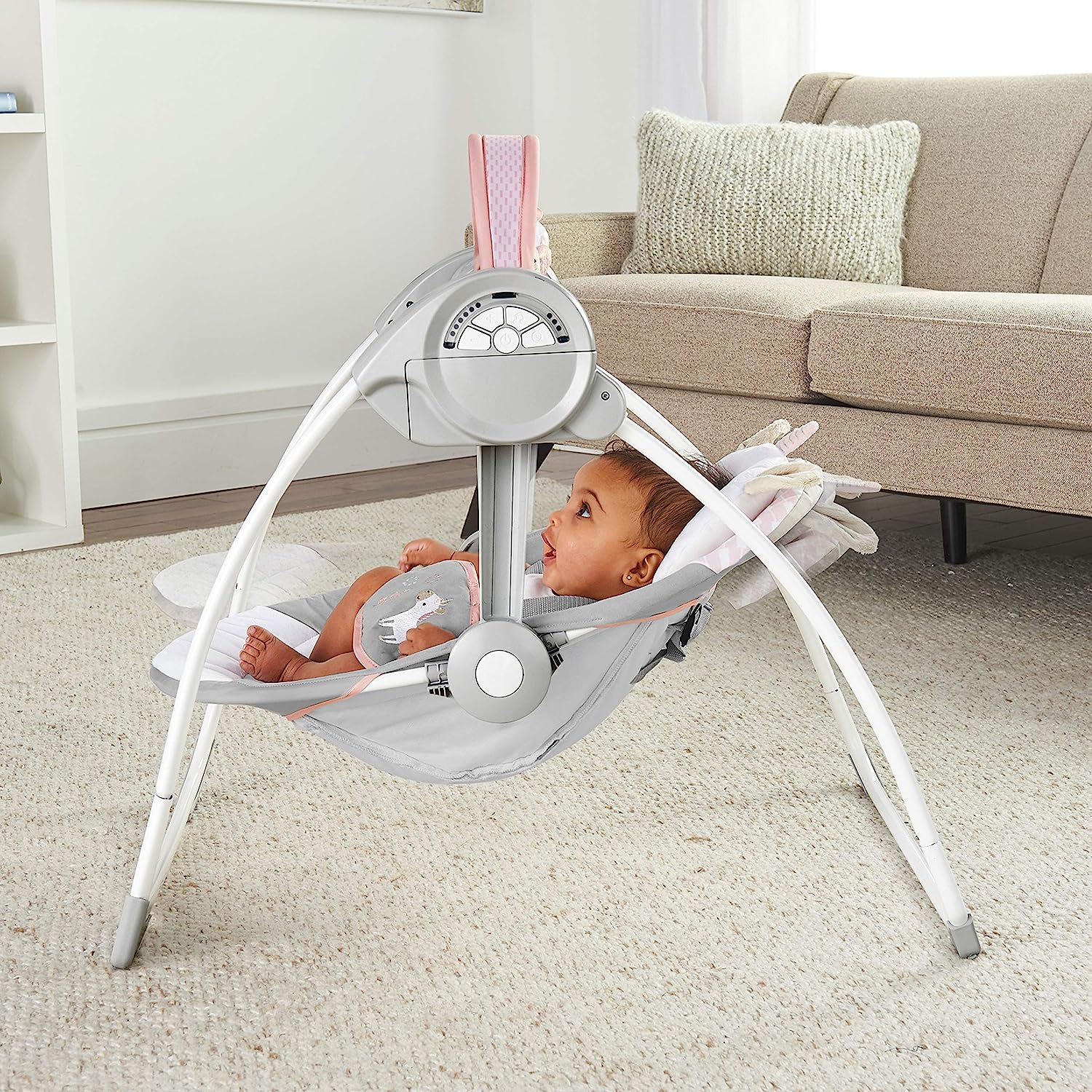 Ingenuity Soothe 'n Delight Compact Portable 6-Speed Plush Baby Swing with Music, Folds Easy, 0-9 Months 6-20 lbs (Cozy Kingdom)