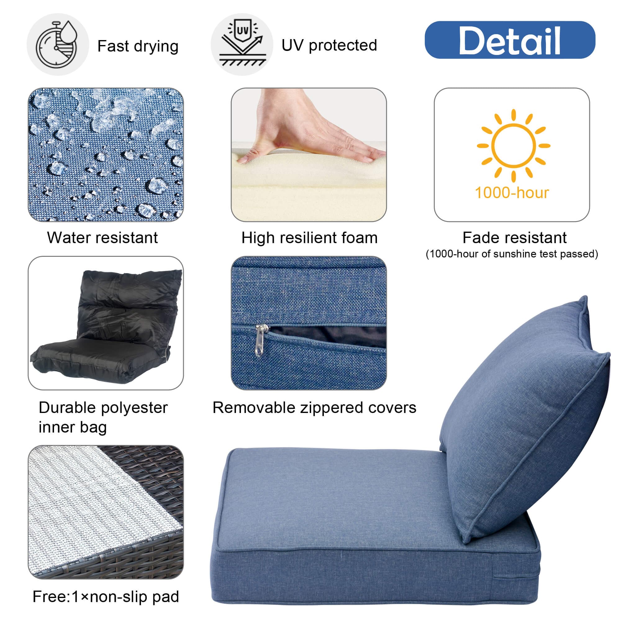 Ovios Replacement Seat Back Cushions Set with Olefin Fabric and Zipper, 25'' x 25'', Not suitable for Ovios Patio Furniture