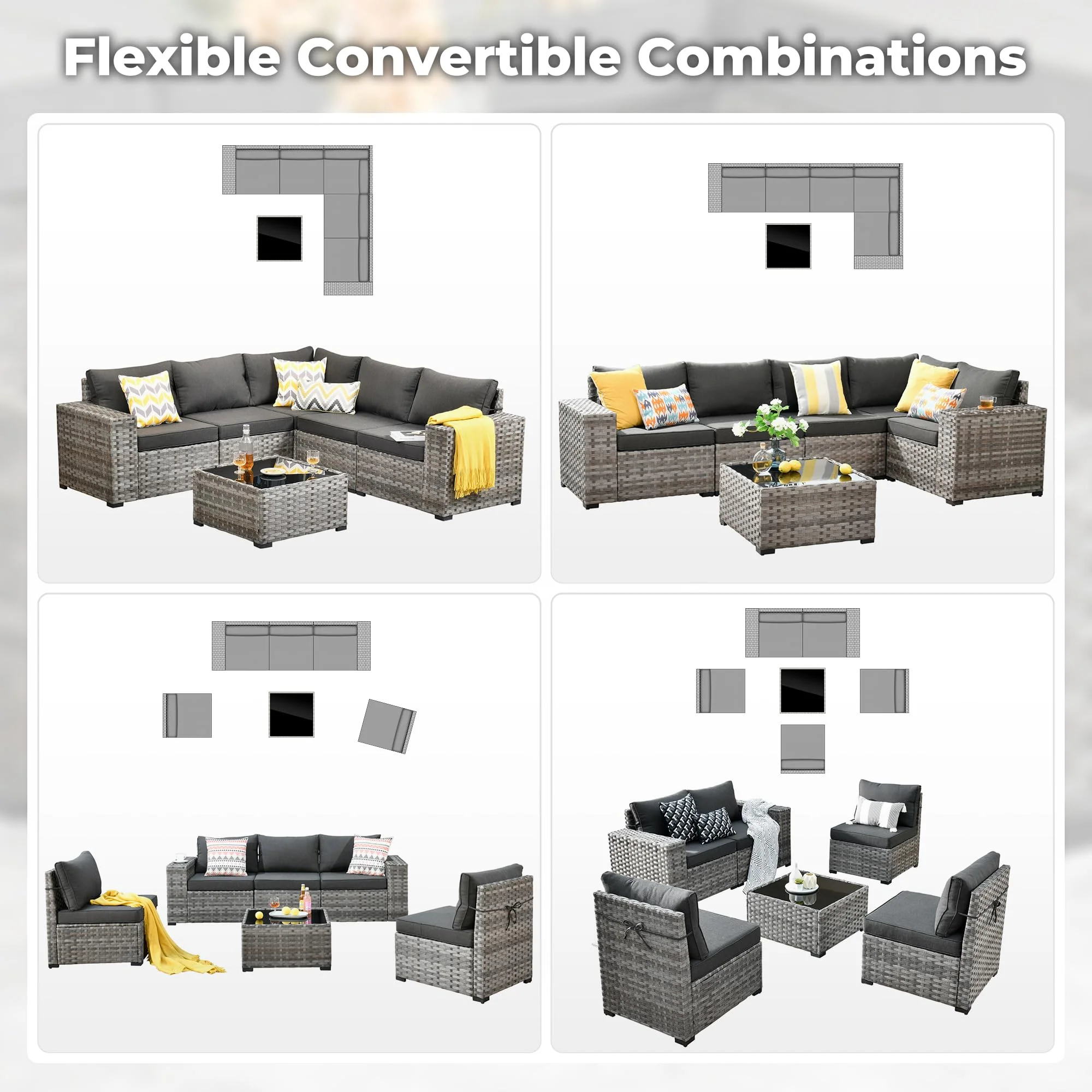 Ovios 6 Pieces Outdoor Sectional Sofa with 7.68'' Broad Handrails