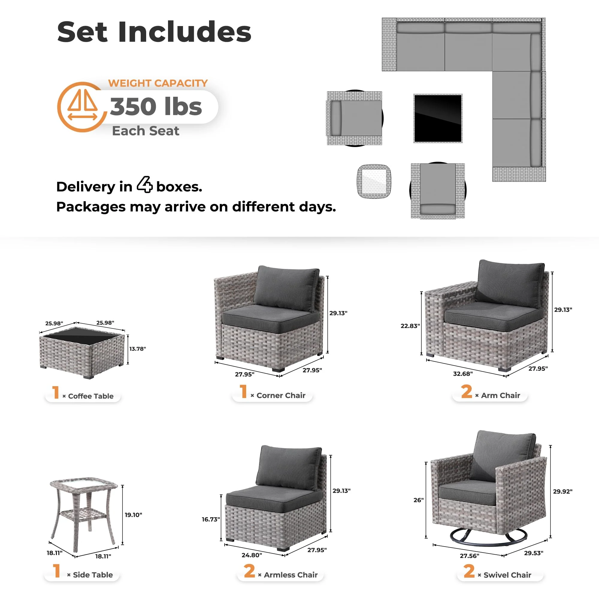 Ovios 9 Pieces Outdoor Furniture with 7.68'' Broad Handrails and Rocking Chair