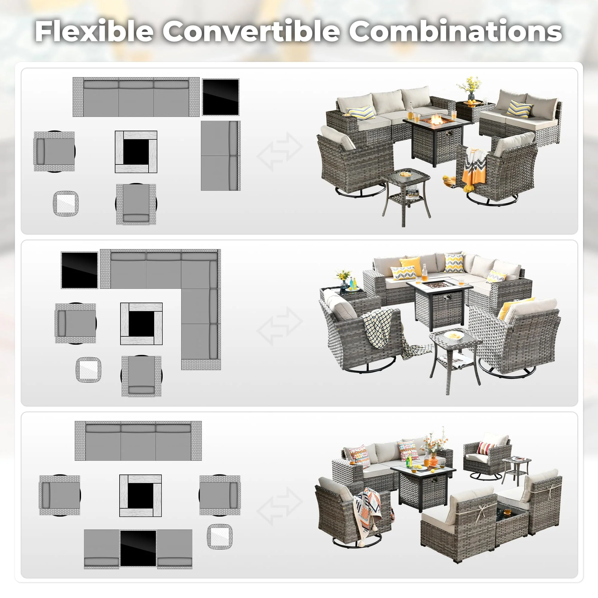 Ovios 10 Pieces Patio Furniture with 7.68'' Handrails and 30'' Fire Pit Table Rocking Chair
