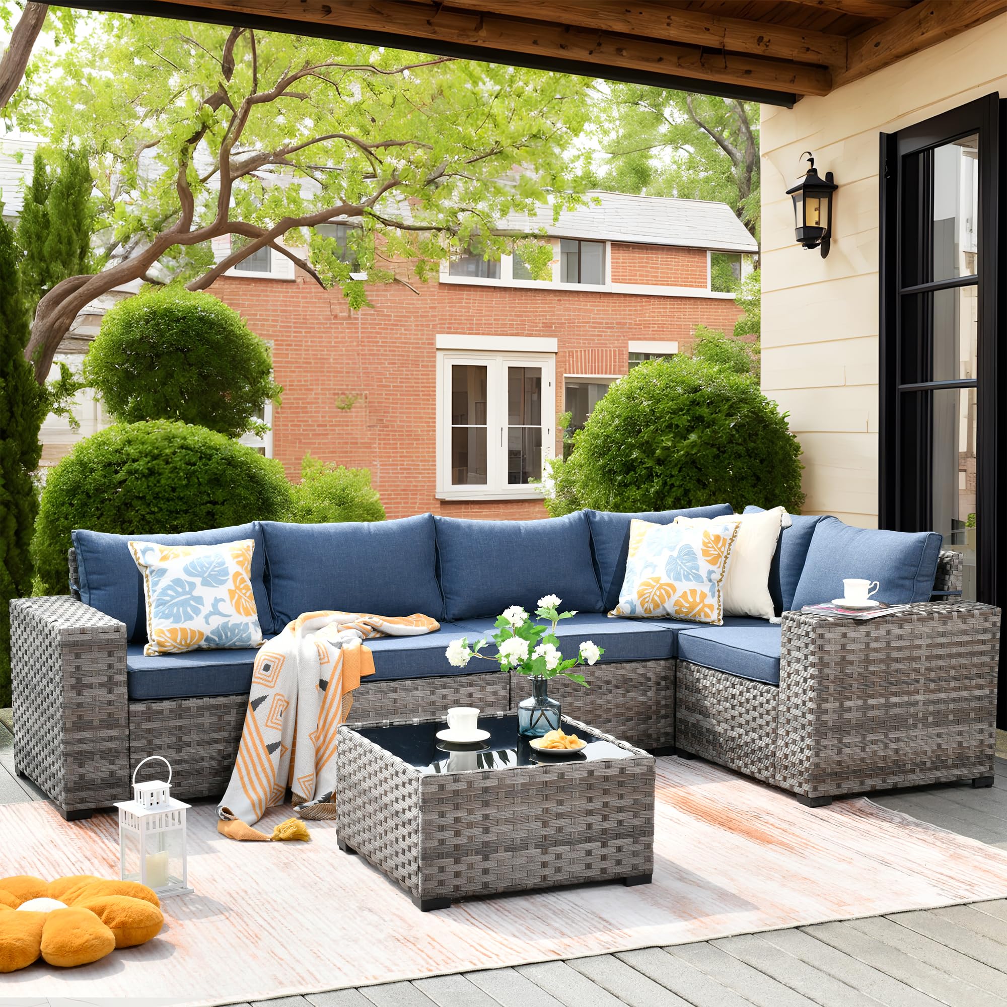 Ovios 6 Pieces Outdoor Sectional Sofa with 7.68'' Broad Handrails