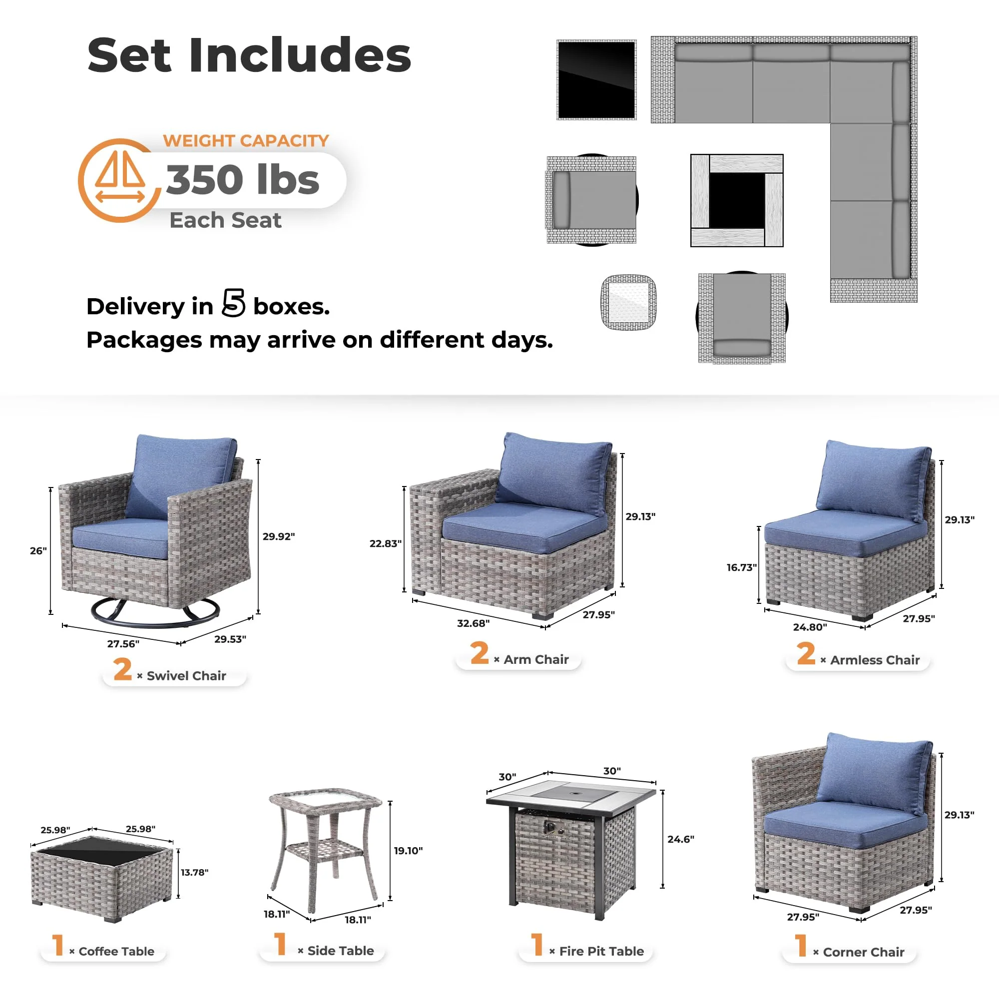Ovios 10 Pieces Patio Furniture with 7.68'' Handrails and 30'' Fire Pit Table Rocking Chair