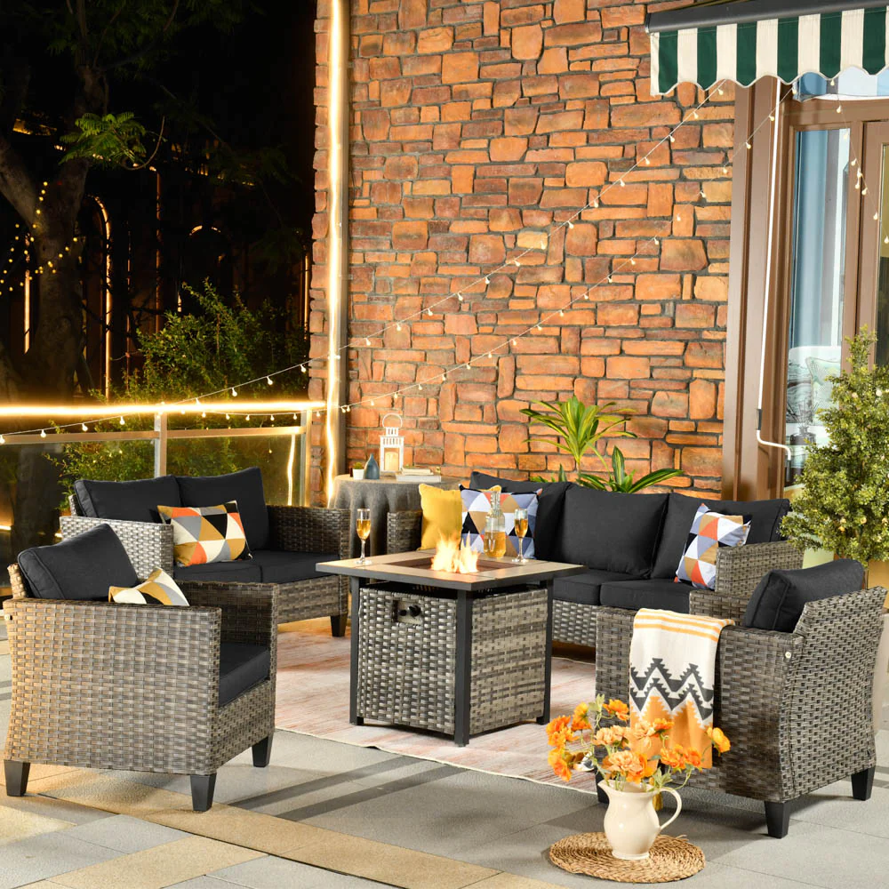 Ovios Patio Vultros Furniture Set 7-Person Seating with 30'' Propane Fire Pit Table