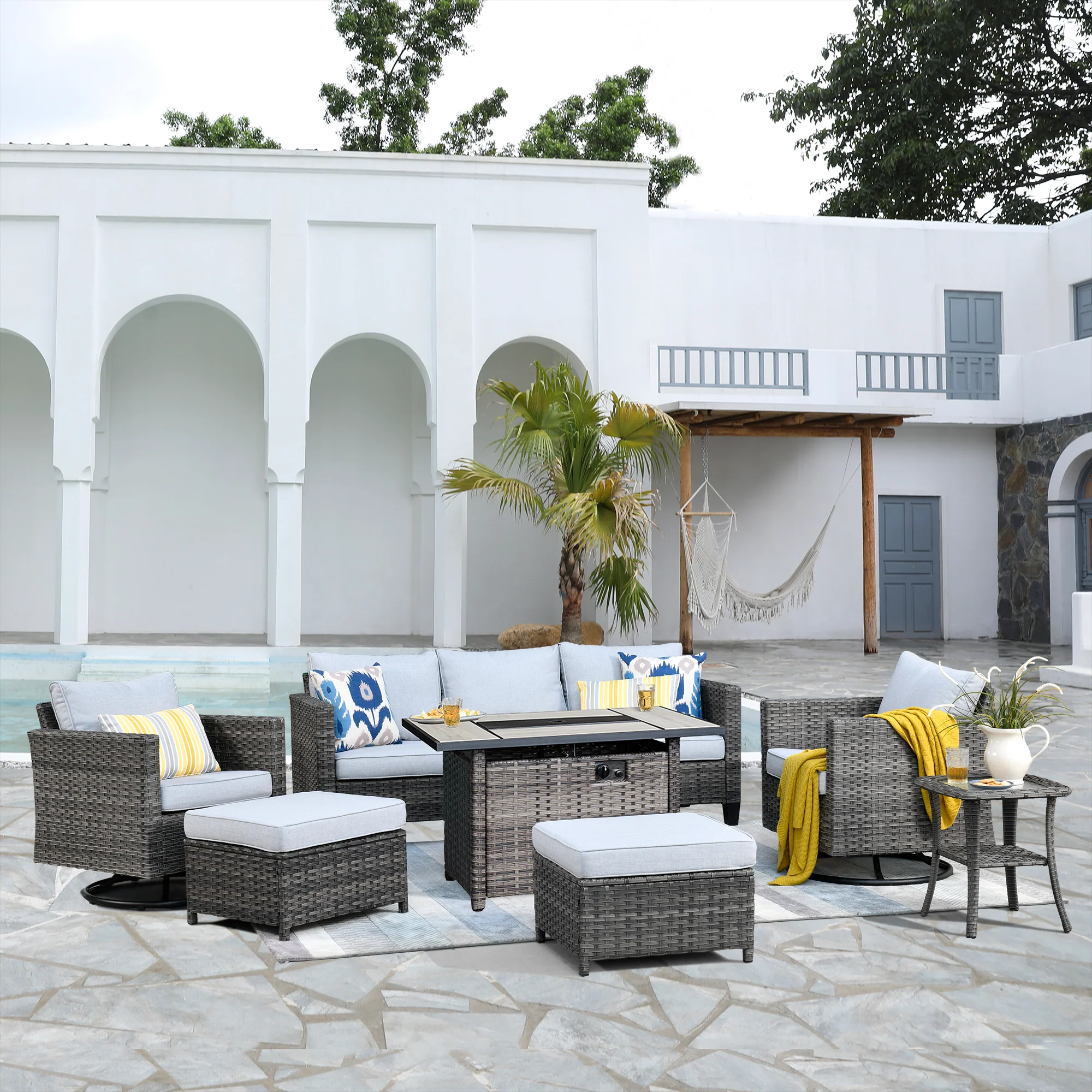 Ovios Patio Vultros 7-Piece Set With Swivel Chair and Rectangle 42'' Propane Fire Pit Table