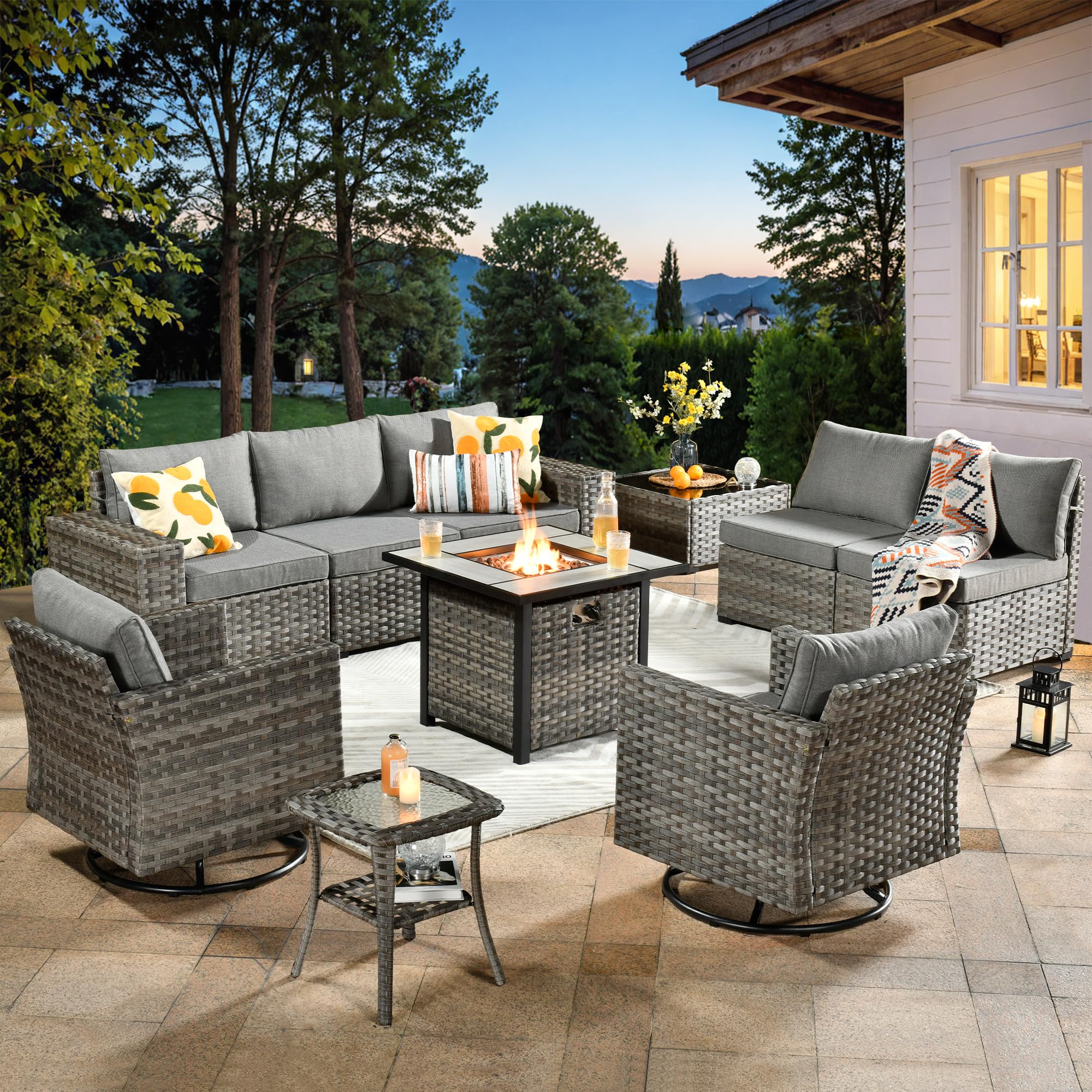 Ovios 10 Pieces Patio Furniture with 7.68'' Handrails and 30'' Fire Pit Table Rocking Chair