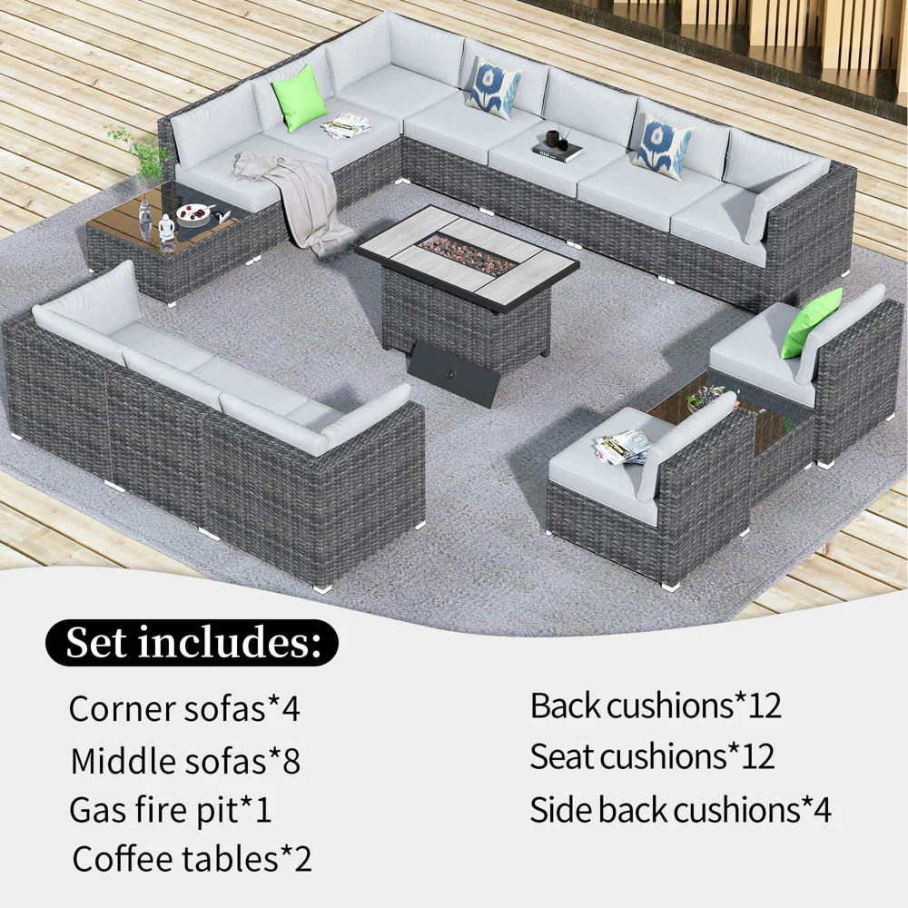 Ovios Patio Furniture Set 15-Piece with 42.12'' Fire Pit and Glass Table