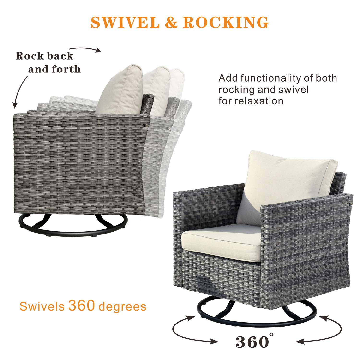 Ovios Patio Vultros 6-Piece Set With Swivel Chair Lover seat and 30'' Propane Fire Pit Table
