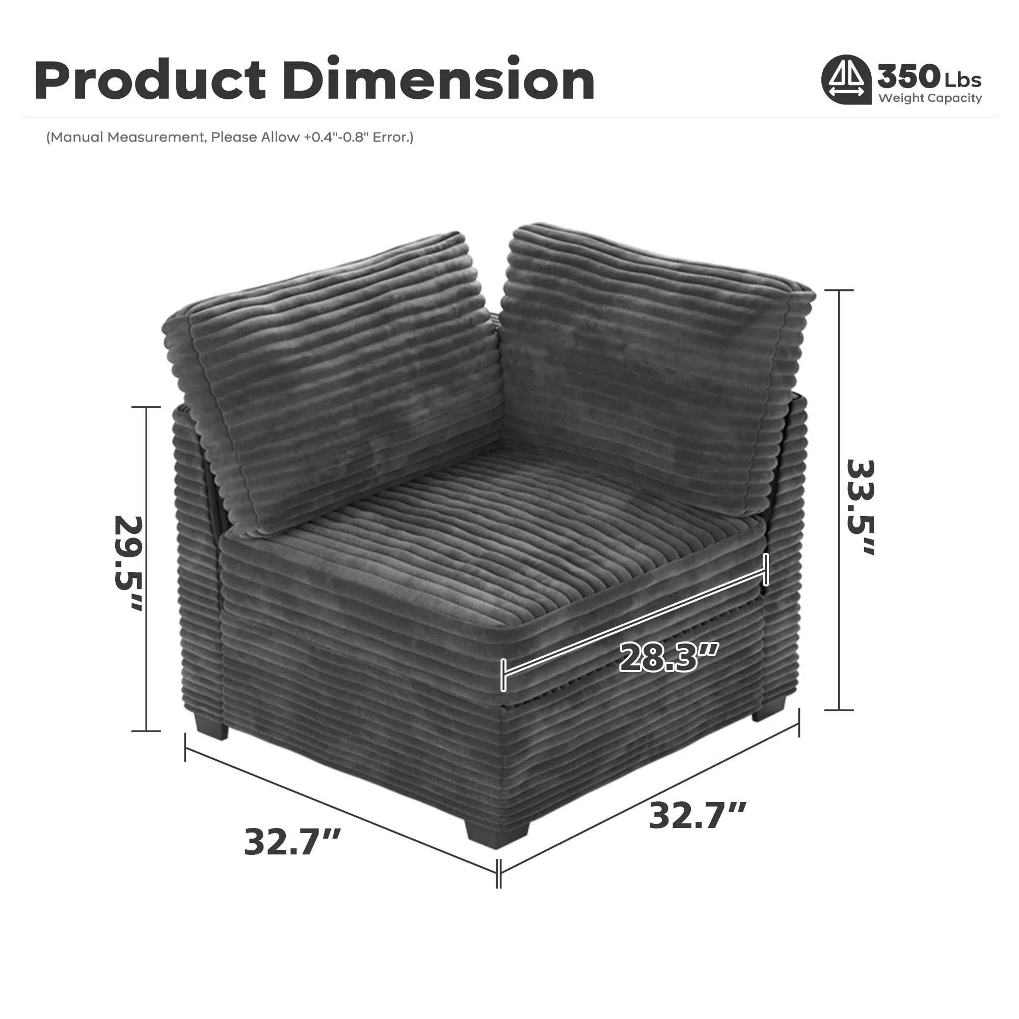 Ovios Living Room Modular Couch Corner Chair, 1 Wale Plush Corduroy Fabric