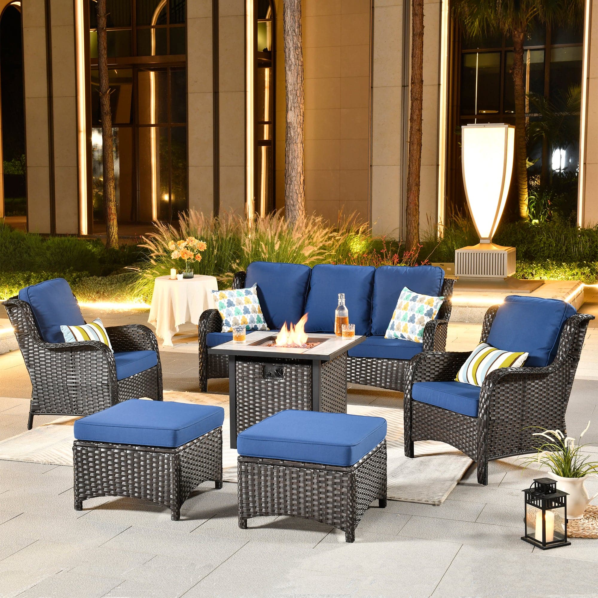 Ovios Patio Conversation Set 6-Piece with 30' Fire Pit Table and Kenard Set