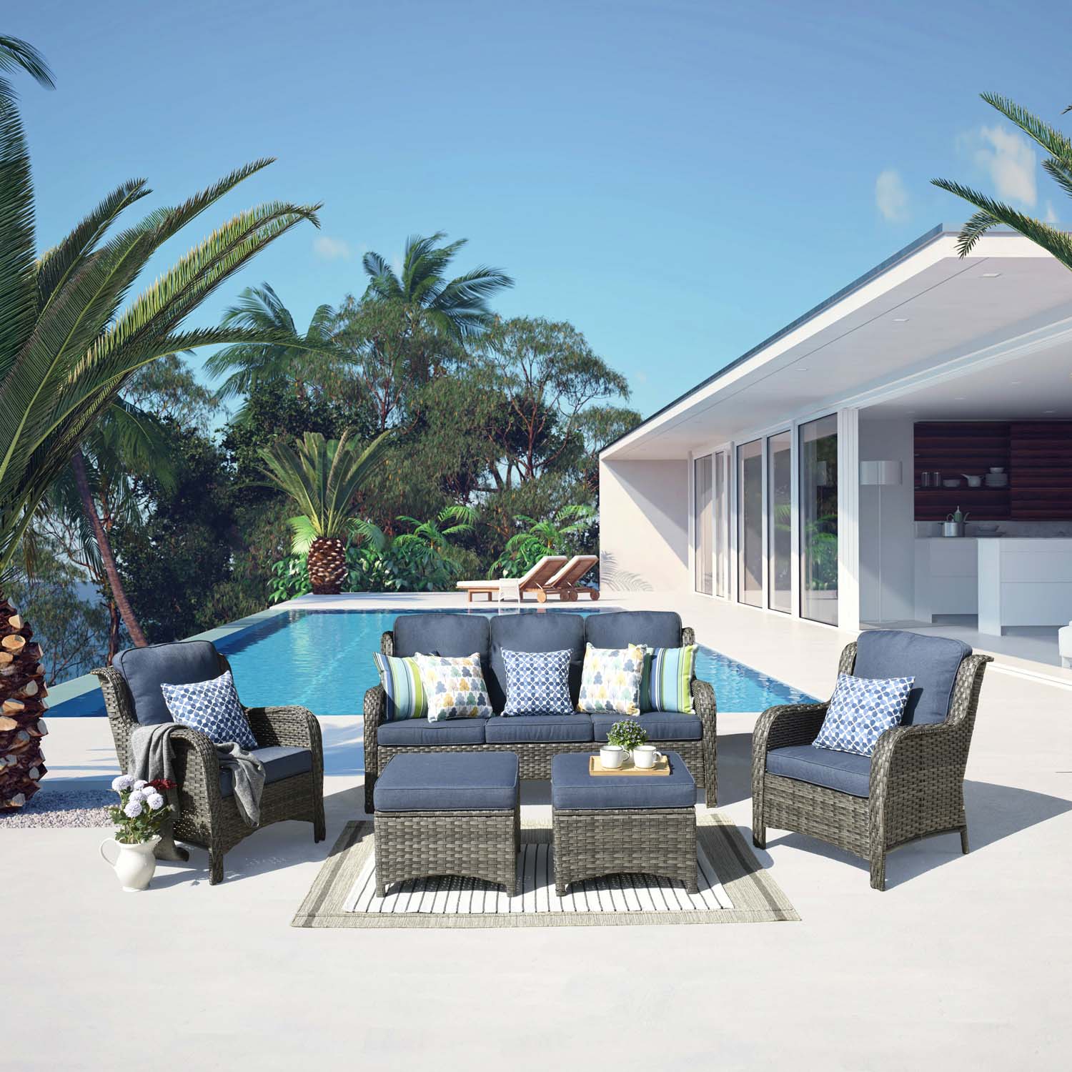 Ovios Patio Conversation Set 5-Piece with Cushions Kenard Curved Handrest
