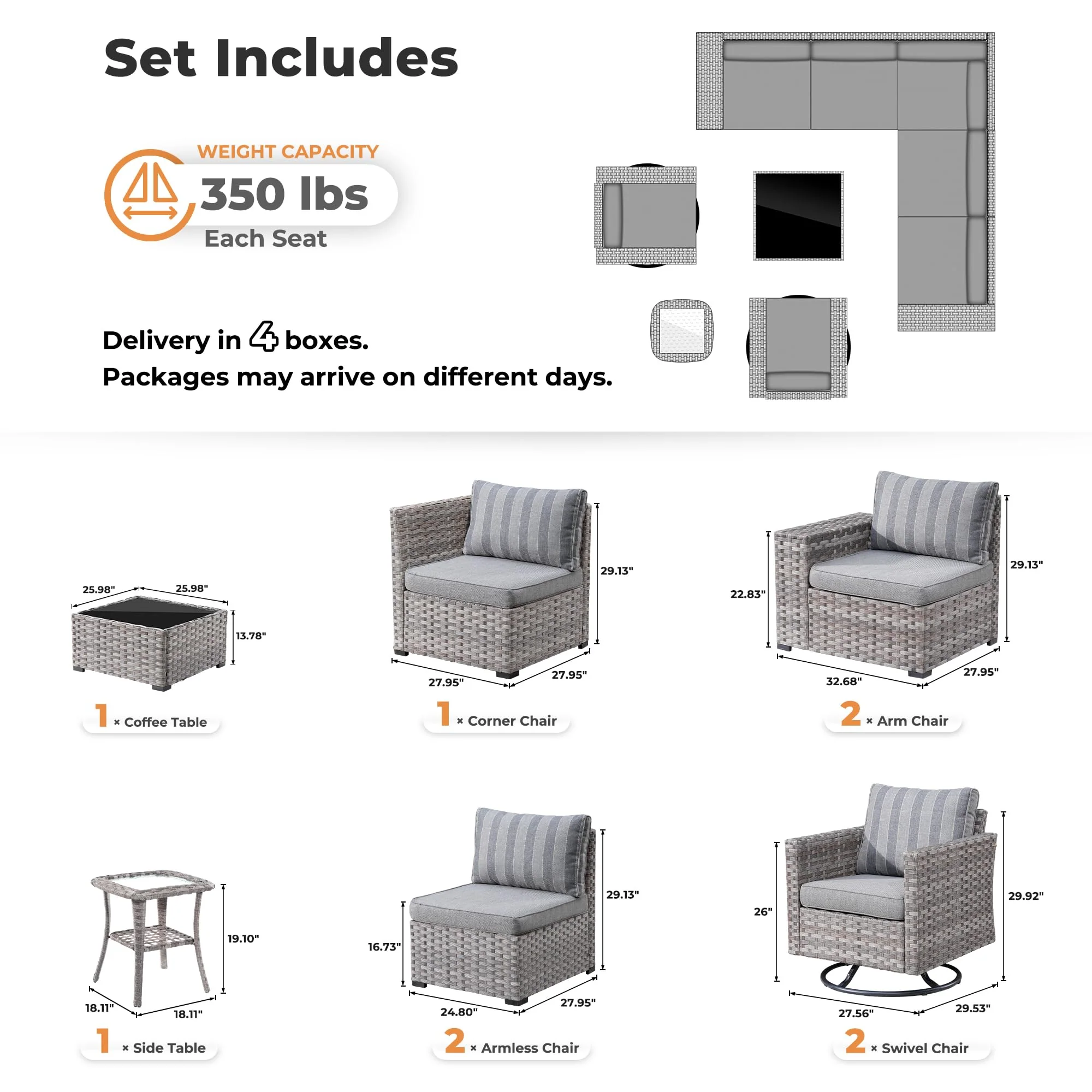 Ovios 9 Pieces Outdoor Furniture with 7.68'' Broad Handrails and Rocking Chair
