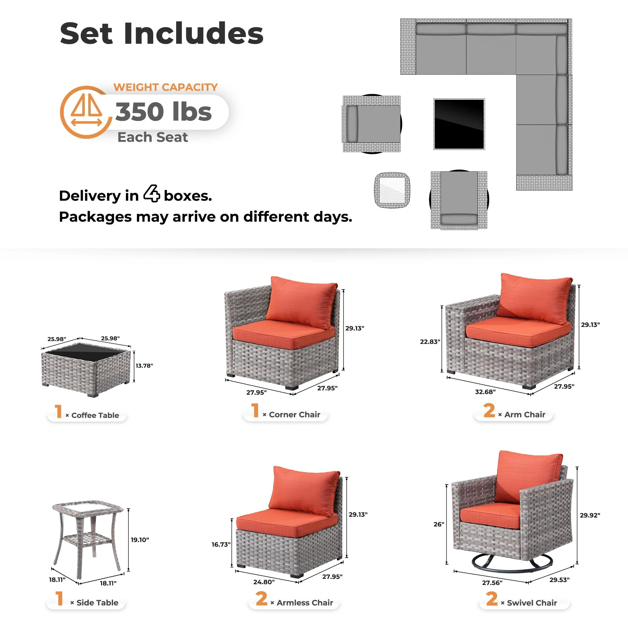 Ovios 9 Pieces Outdoor Furniture with 7.68'' Broad Handrails and Rocking Chair